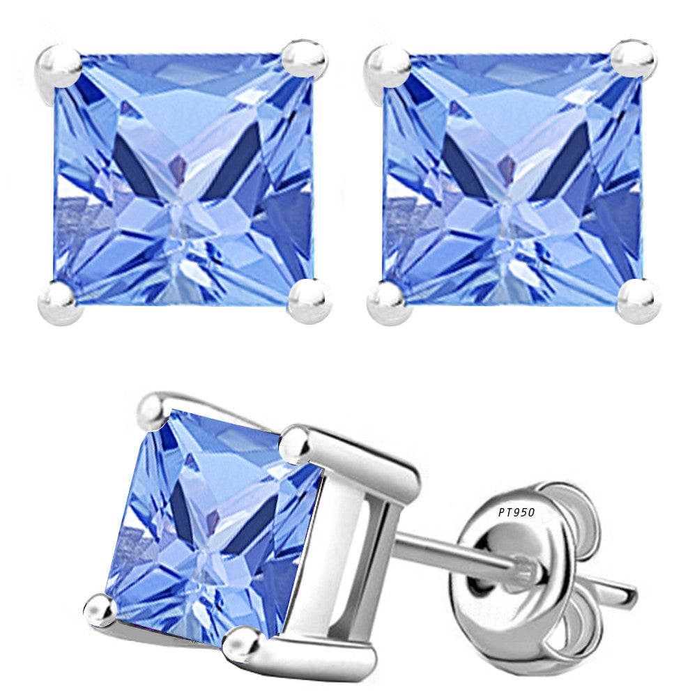 Platinum 4-Prong Basket Synthetic Tanzanite Princess Cut Push Back Stud Earrings. Available From .25 Carat To 4 Carat.