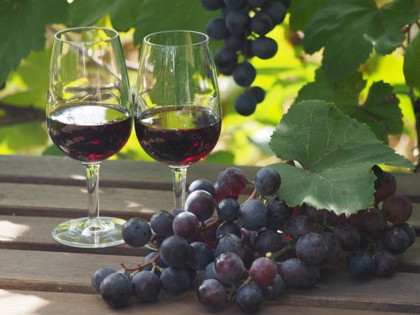 Red wine with grapes