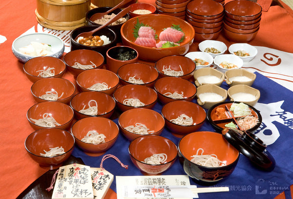 Many small bowls as part of the Wanko Soba Eating Challenge