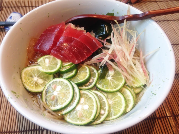 Sudachi served with soba buckwheat noodles and tuna sashimi