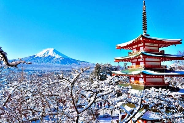 Snow-capped Mount Fuji and the Chureito Pagoda in Winter