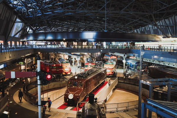 A grand rolling stock display at The Railway Museum in Omiya, Saitama, Japan.