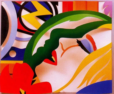 Peinture Pop Art vibrante représentant le visage d'une femme et des couleurs vives.