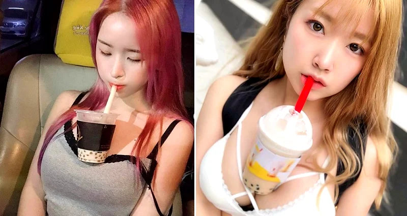 Two photos of ethnic Asian women with cups of boba milk tea placed between their breasts.