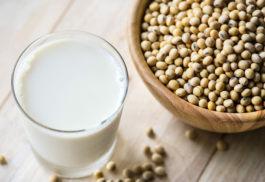 Soybeans in bowl and soy milk. Creative Commons License.