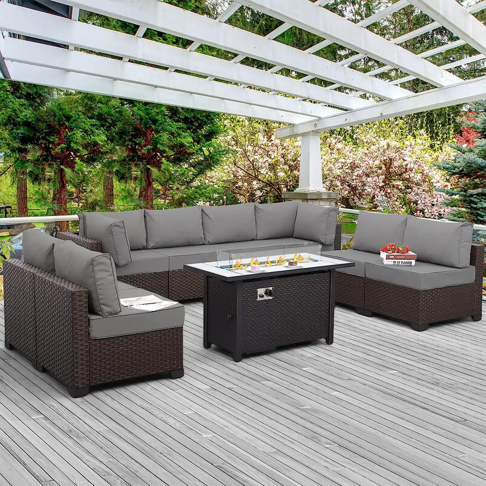 9-Piece Patio Rattan Furniture Set with Gas Fire Pit Table Outdoor Sectional Conversation Couch Brown PE Wicker Sofa with Washable Peacock Blue Cushions