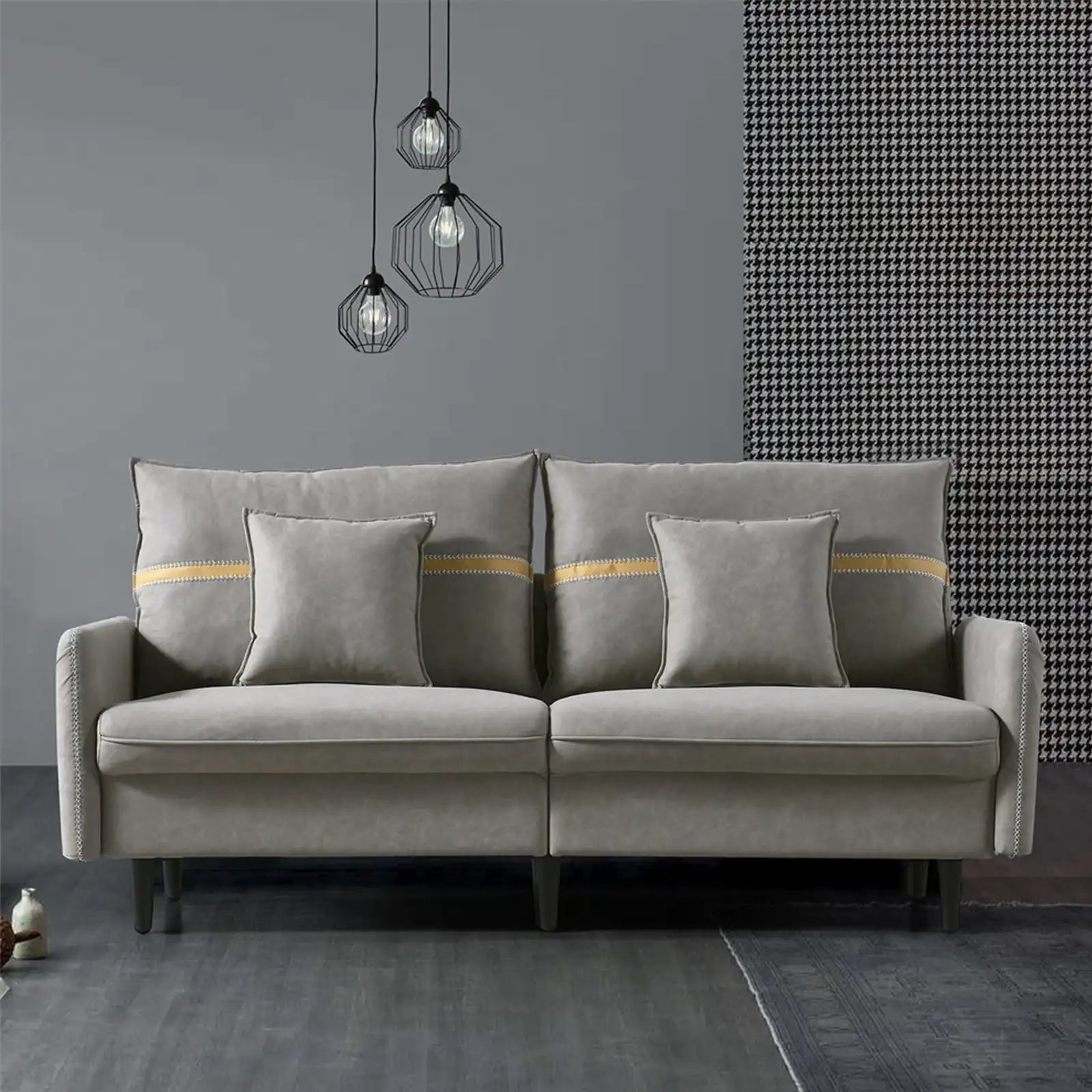 3-Seat Sofa Couch, Mid-Century Tufted Leather Upholstered Loveseat Sofa with 2 Pillows