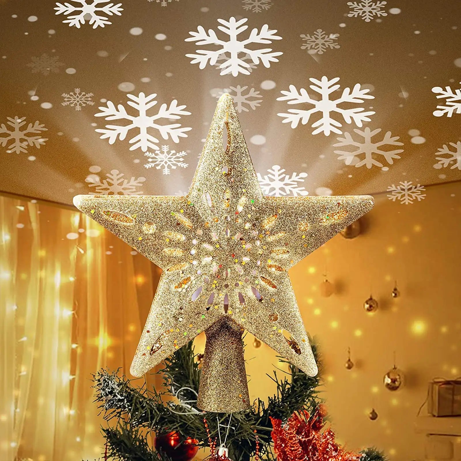 Christmas Tree Topper Star Jeweled Crown Tree Topper with 60 Warm Whit