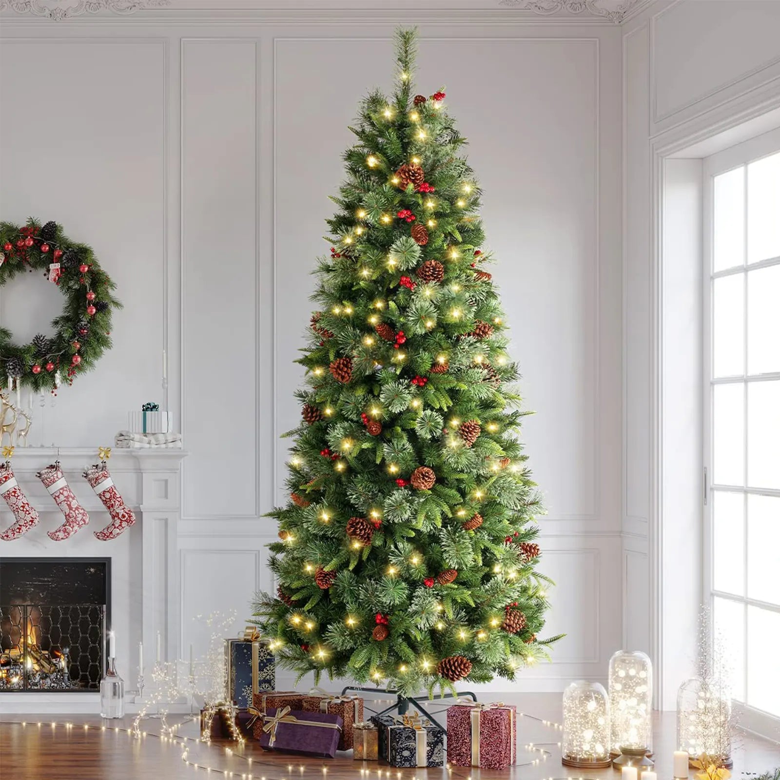 7FT Black or Red-White Christmas Tree, Prelit Halloween Christmas Tree