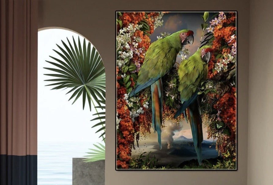 Tableau sur toile Couple de perruche perroquets sur le nid 
