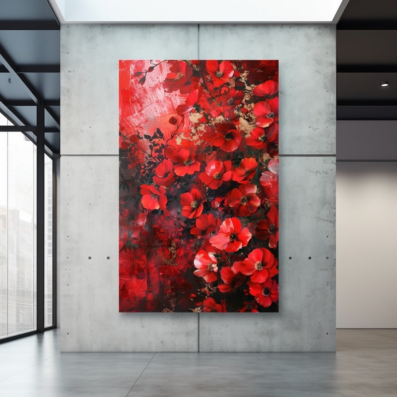 Tableau de Fleurs Rouges Taille:100x150 cm l'enracinement et la longévité des Tableau Rouge avec Chevaux-120x120 cm-Blanc lin il devient une pièce Taille:25x20 cm