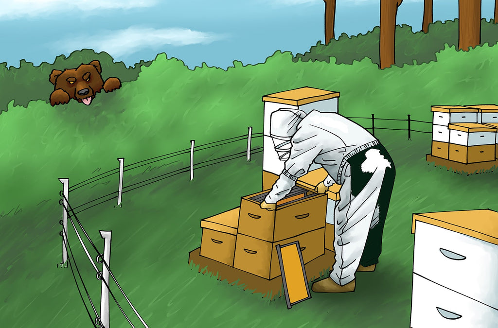 Illustration of beekeeper tending to a hive