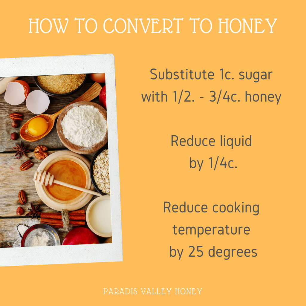 HOW TO CONVERT TO HONEY - Substitute 1c. sugar with 1/2. 3/4c. honey - Reduce liquid by 1/4c. - Reduce cooking temperature by 25 degrees
