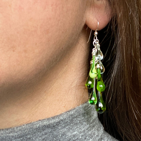 New spring green earrings - a large dangling cluster of green glass teardrops perfect for St. Patrick's Day!