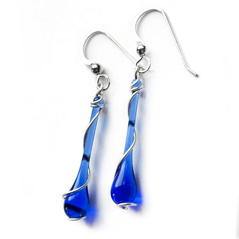 Cobalt Lyra Earrings - sun-melted glass from Skyy Vodka bottles wrapped in a spiral of recycled sterling silver wire
