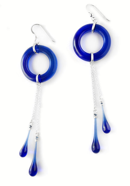 Extra-long sapphire blue recycled glass earrings steal the show from sapphires and diamonds