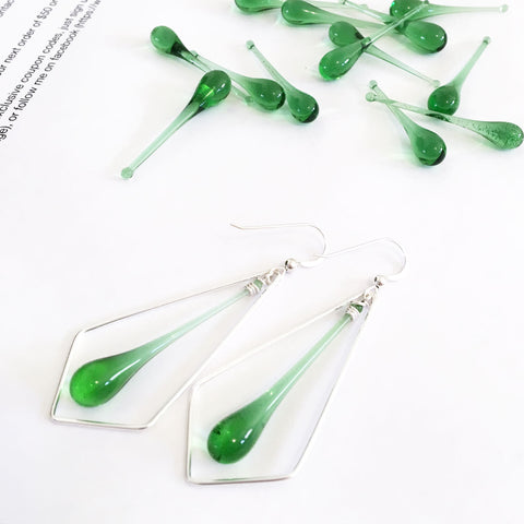 Kelly green kite earrings, featuring sun-melted beer bottles and recycled silver.