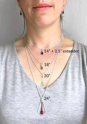 Necklace Length Chart: necklace chain lengths from 14" choker necklace to 24" pendant necklace