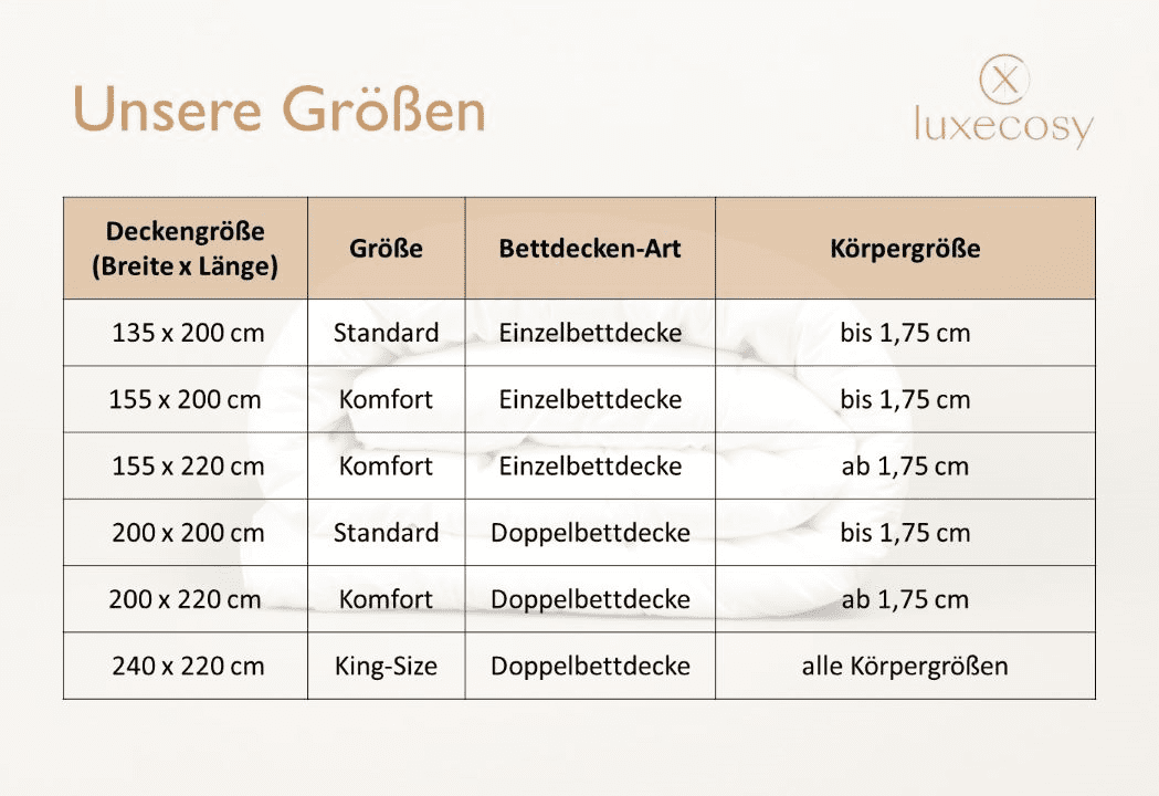 Die Größentabelle der Luxus Bettdecken von Luxecosy.