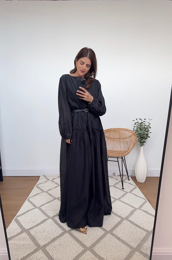 Ruche detail long dress black - Dahlia