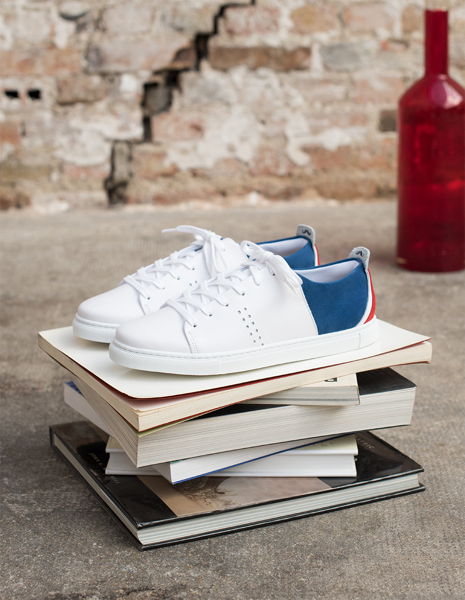 René low sneakers - white leather, blue and red Sweden