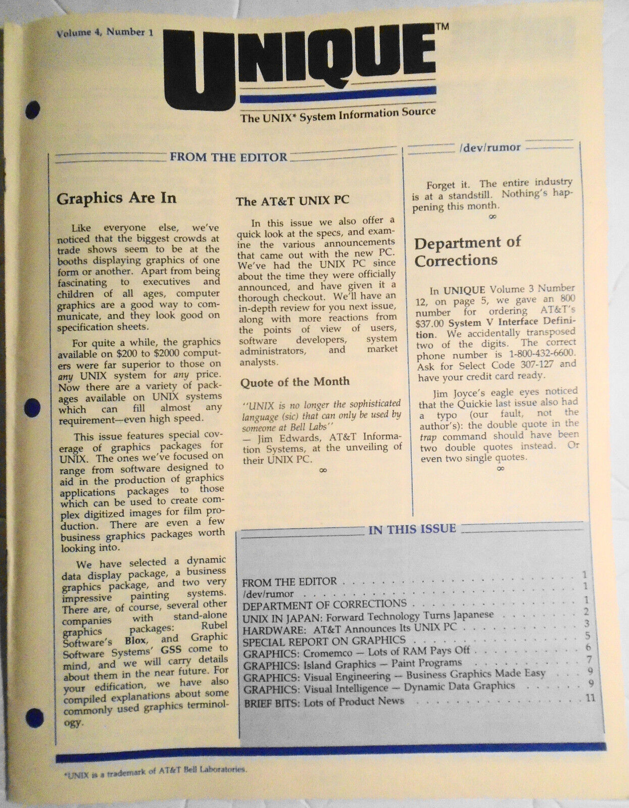 UNIQUE: The UNIX System Information Source, Oct. 1985 - Graphics; AT&T UNIX PC