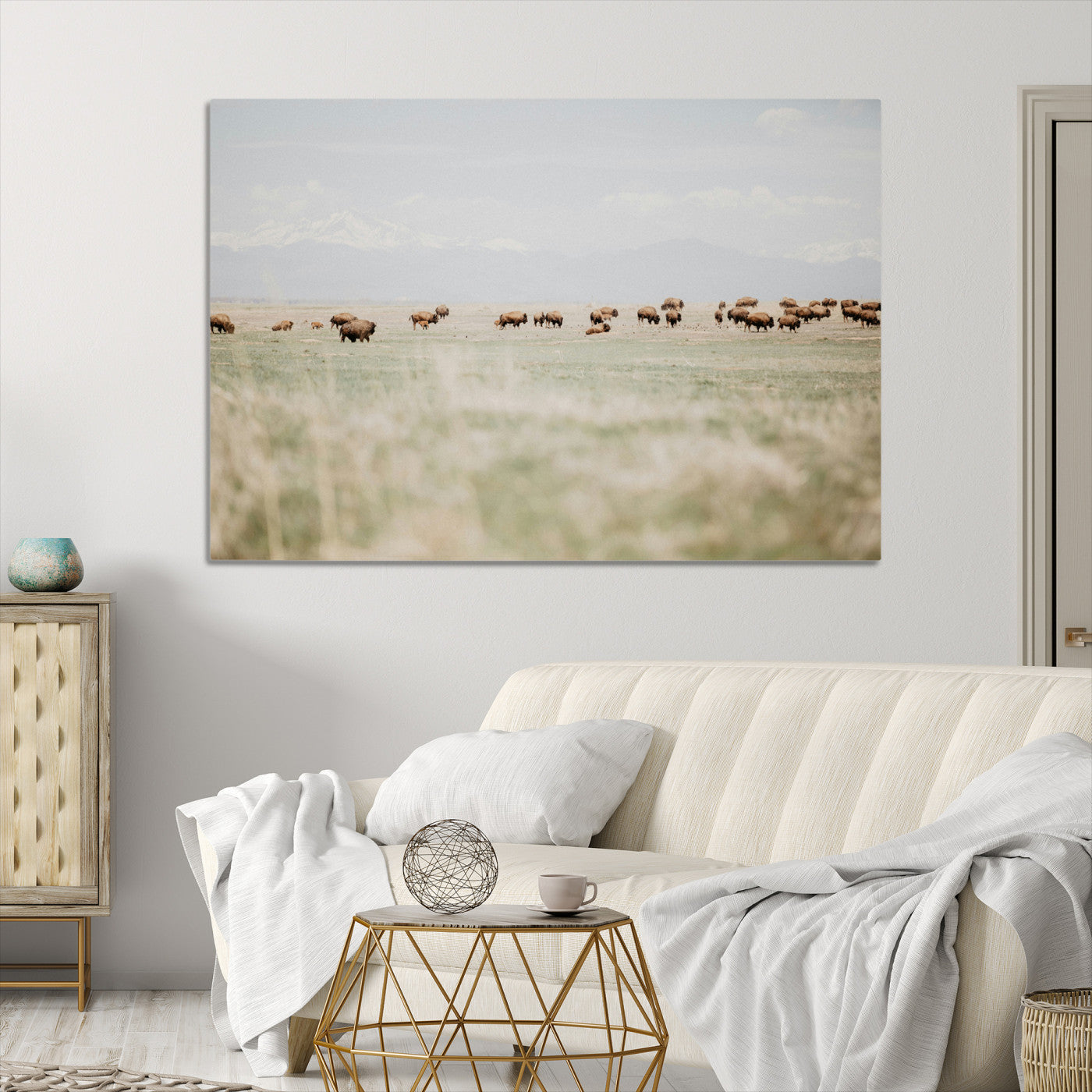 Bison Herd Wall Art Canvas Print, Framed Western Art Picture Print, Bison Perfect Ranch Decor Artwork