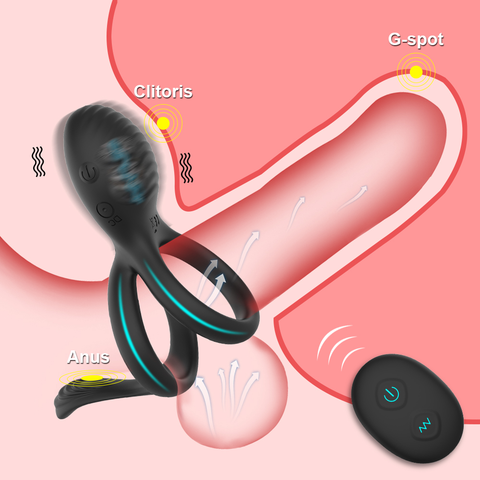 A cock ring that stimulates anus of man, clitoris and G-spot of his partner.