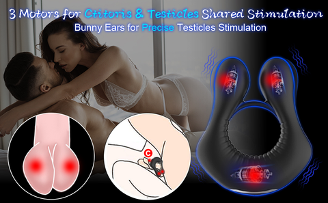 3 motors for clitoris & testicles shared stimulation. Bunny ears for precise testicles simulation.