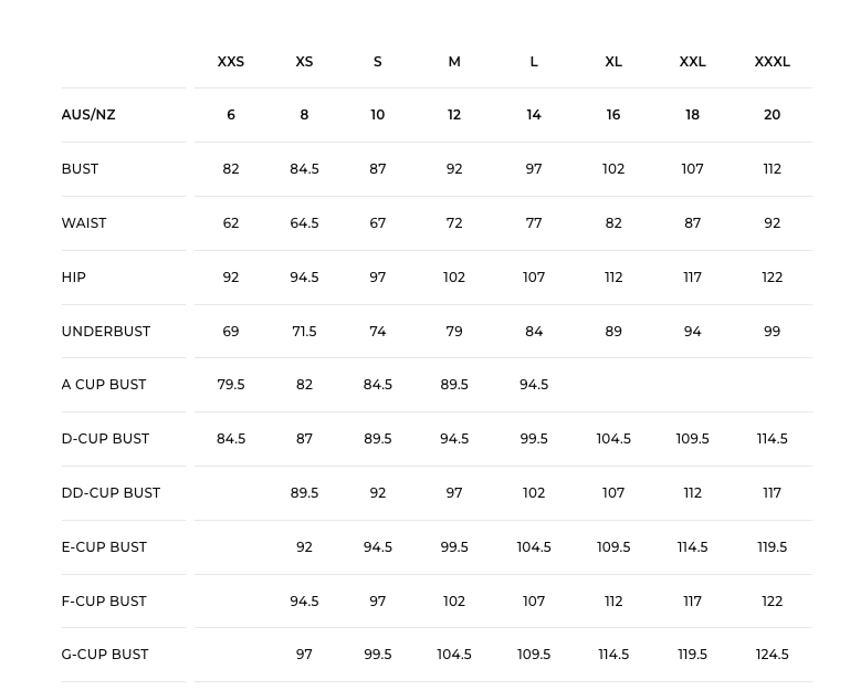 Size Chart - Carla Swimwear