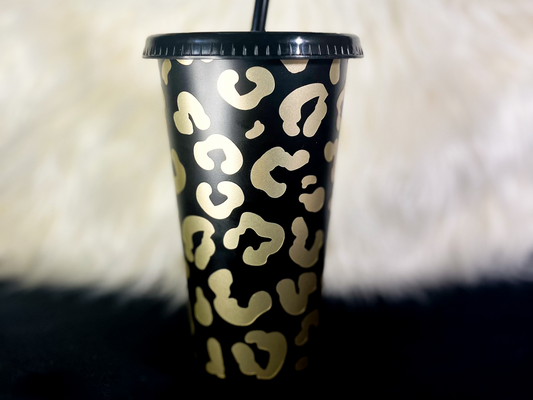 Black METALLIC Leopard Tumbler Cup with Straw