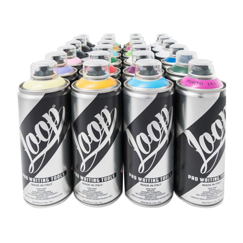 Grouping for silver spray paint cans with a large black stripe wrapping diagonally across the front of the cans. The tops of the cans show color swatches of each can color, on the face of the black stripe reads "Loop"