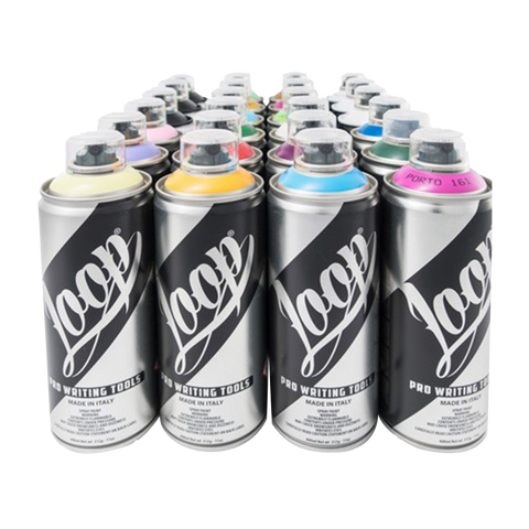 Grouping of silver spray paint cans with a thick, black stripe on each can with the word "Loop" on the face