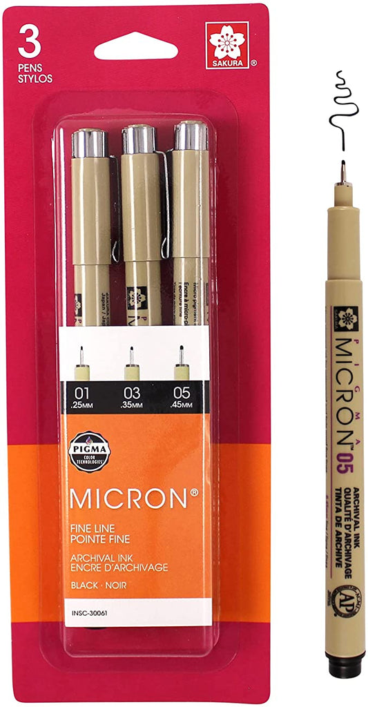 Pigma Micron Pen Set Of 6 Black-in Sizes 005 (.20Mm), 01 (.25Mm