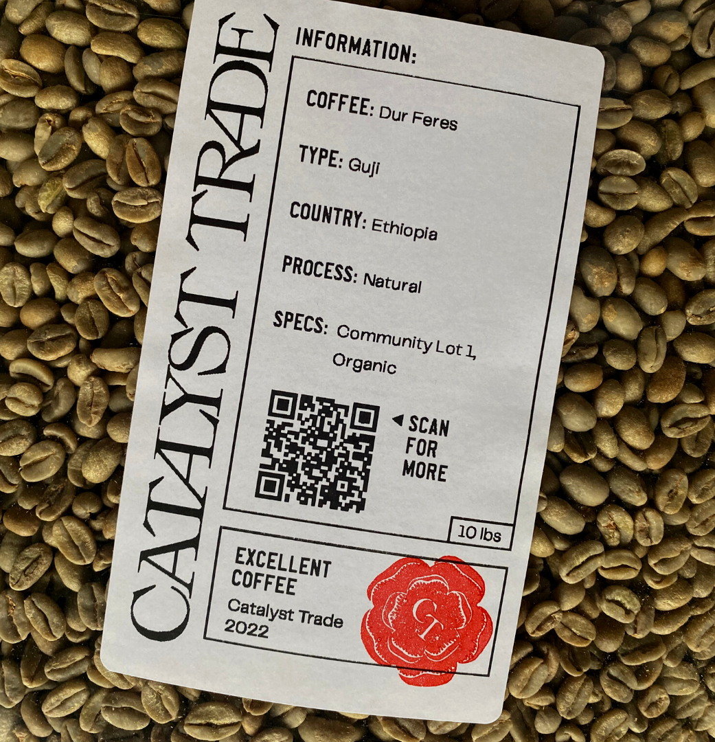 green coffee bag with Catalyst Trade label