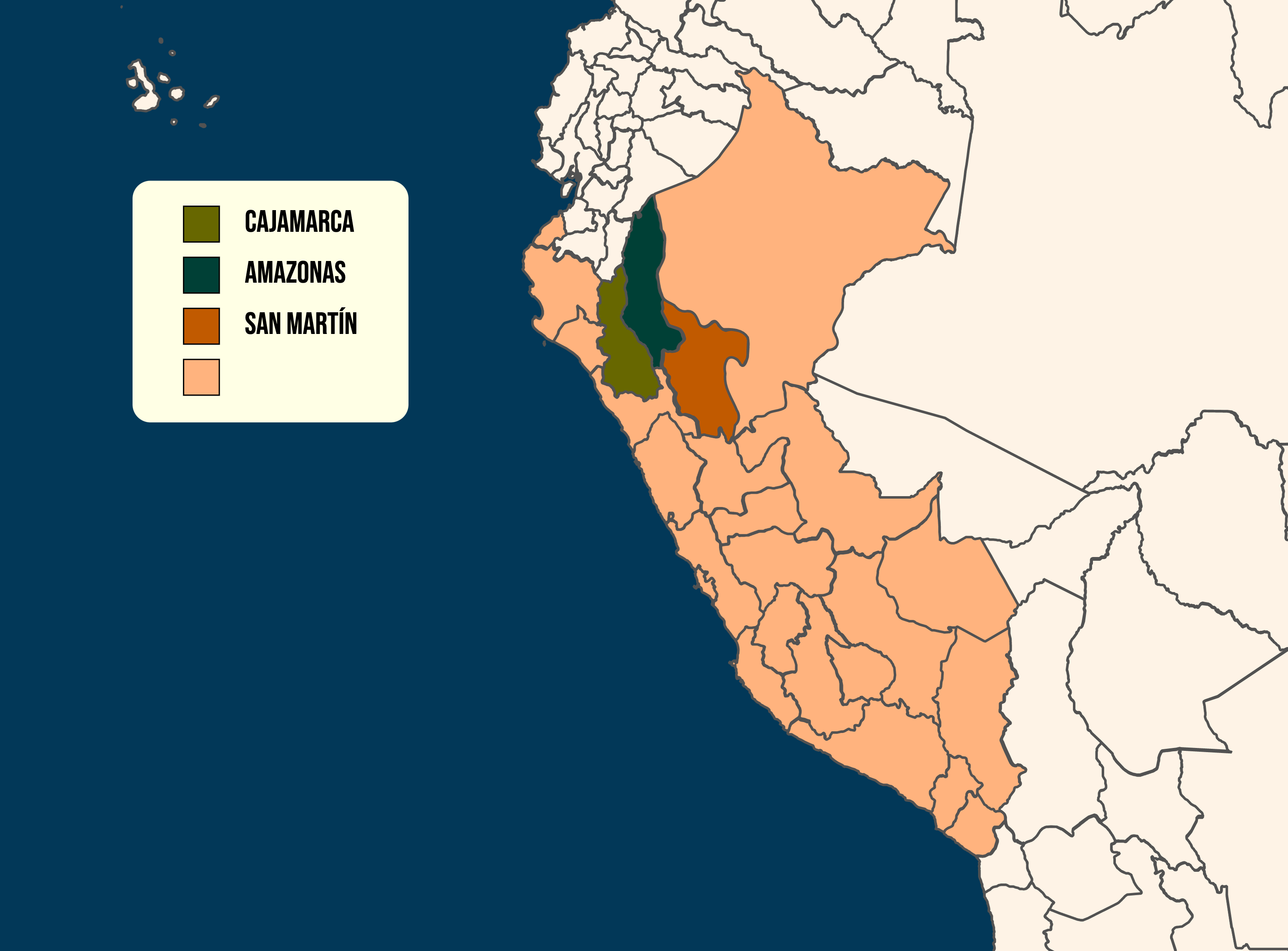 WideFormat Map of Peru, highlighting provinces of Cajamarca, Amazonas, and San Martín.
