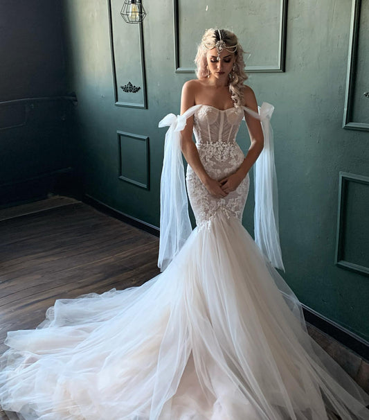 White Embroidered Long Off Shoulder Mesh Wedding Gown for $596.99