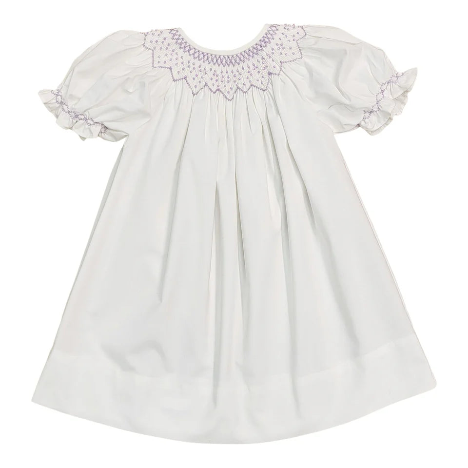 Cathy White Smocked Dress W/Lavender Pearl