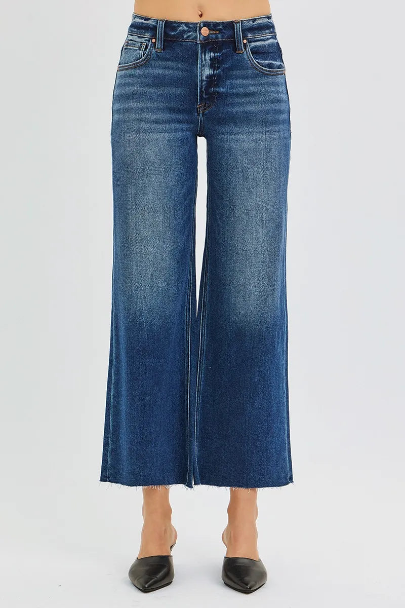 Mid Rise Crop Wide Raw Cut Hem Jeans