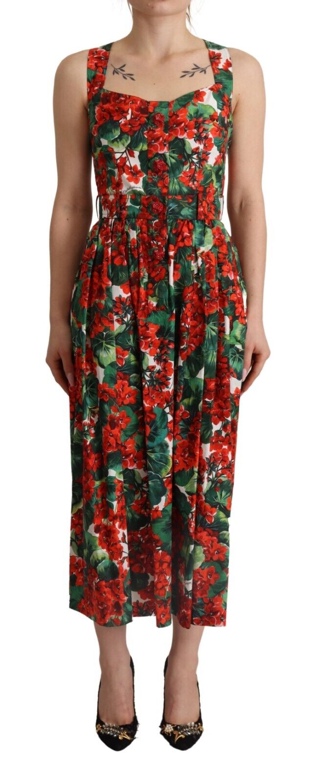 Dolce & Gabbana Red Geranium Print Cotton Pleated Maxi Dress – JAHROMES  DESIGNER WEAR