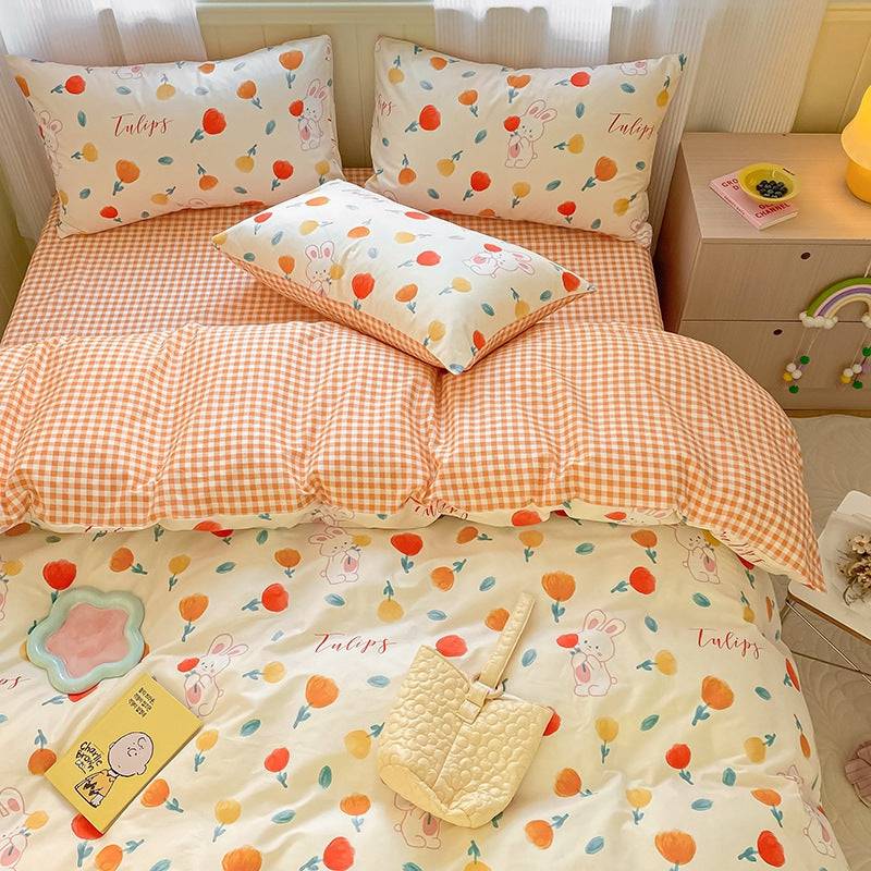 Printed Cartoon Girl  Quilt Cover Cotton Four-piece Bed Sheet - yellly