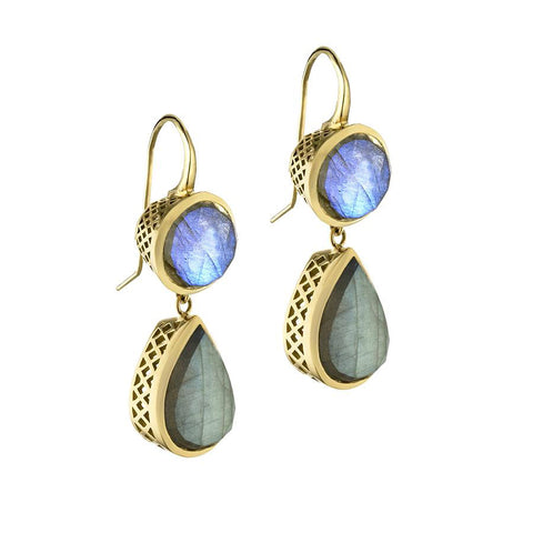 Ray Griffiths 18K yellow gold labradorite and moonstone earrings