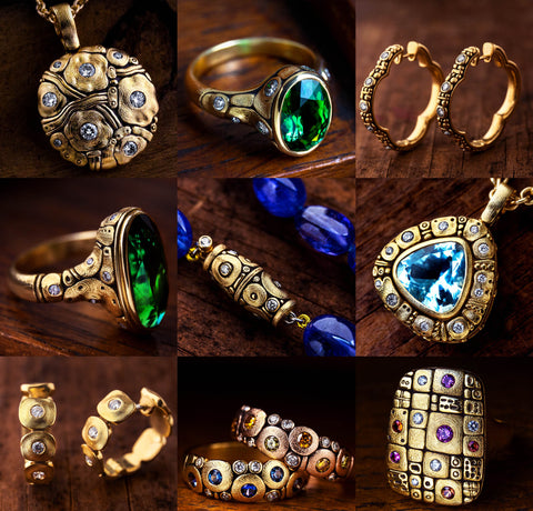 Alex Sepkus gold rings, necklaces, and earrings with precious gems