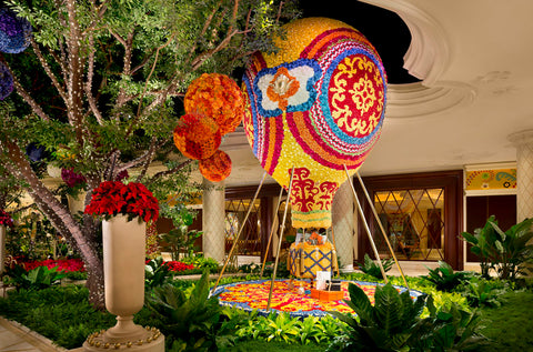 Hot air balloon made from flowers in lobby of Wynn Hotel