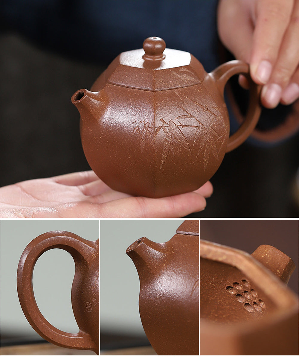 紺×赤 中国煎茶器 沈順娣作 紫砂 六方菱花急須 茶注 作品証明書付