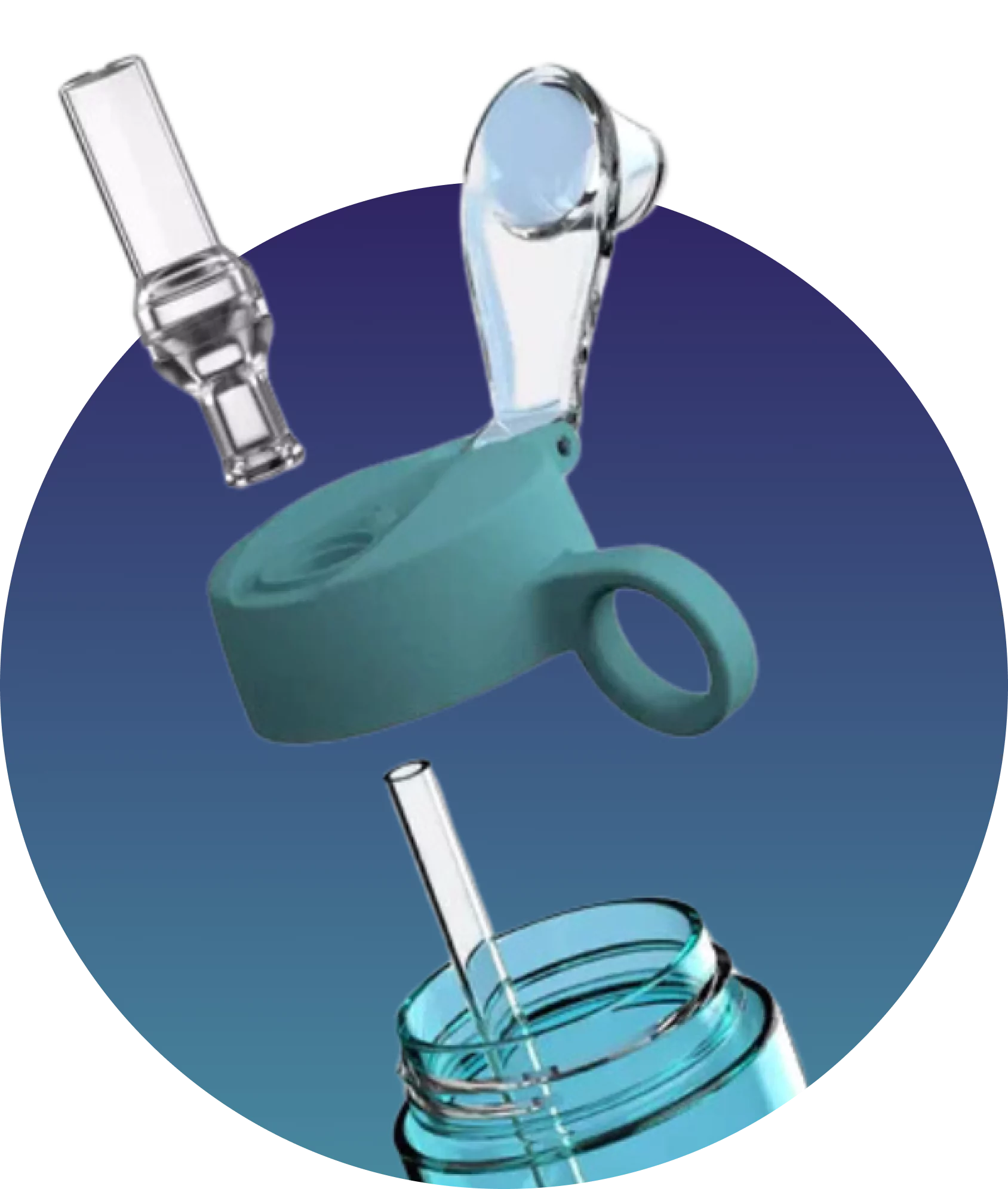 Exploded view of a reusable bottle with components, including lid, straw, and mouthpiece.