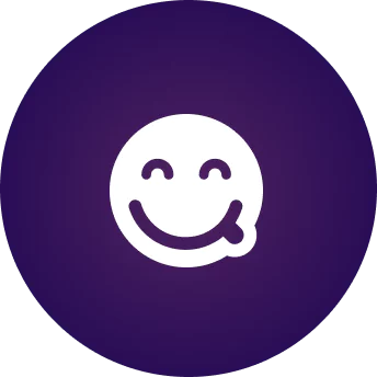 A white smiley face licking its lips on a purple background.