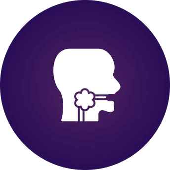 Silhouette of a human head showing a flower-shaped object in the throat, on a purple background.