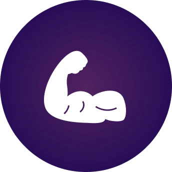 Icon of a flexed bicep muscle on a purple circular background.