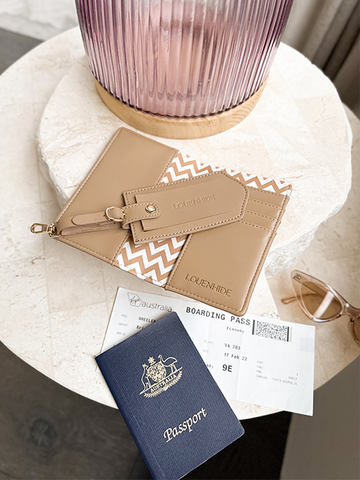 camel coloured luggage tag and passport holder